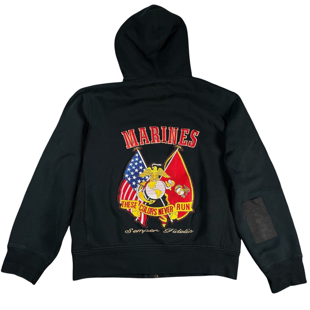 Polo Ralph Lauren USMC Marines Hoodie Mens L Black Waffle Knit Distressed Rare